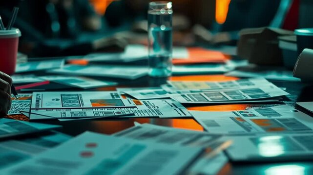 This video captures a dynamic meeting environment. Papers, charts, and reports are laid out for discussion. Ideal for corporate settings and team brainstorming sessions. Generative AI