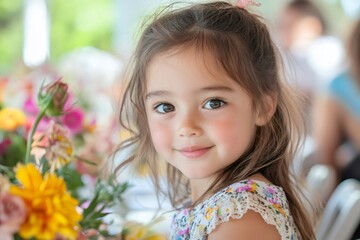 Portrait of smiling little girl with flowers in foreground at a party