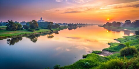 Obraz premium Serene Yamuna River Landscape: Dawn in India's Sacred Waters