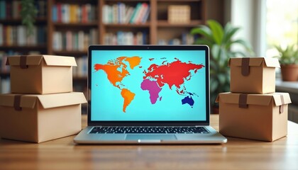 Laptop on wooden table with two stacks of cardboard boxes. Laptop screen displays colorful world map, concept of trade, dropshipping, online ordering and delivery of goods