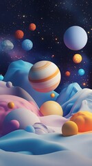 Fototapeta premium Colorful surreal space scene with planets and abstract flowing shapes.