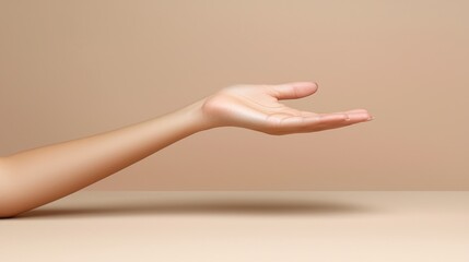 Woman's open hand, offering gesture, beige background. Product presentation