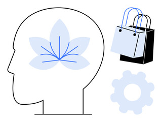 Human head outline with a flower brain, shopping bags, and a gear. Ideal for mental wellness, consumer behavior, creativity, cognitive function, commerce mindfulness and productivity. Abstract line