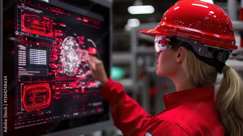 Poster female engineer in red hard hat utilizing advanced technology interface for data analysis in industr