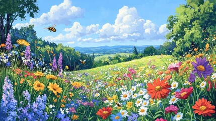 Obraz premium A vibrant meadow bursting with colorful wildflowers and buzzing bees, the whole scene bathed in sunlight under a perfect blue sky