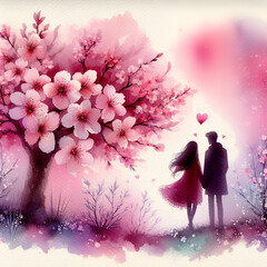 a Valentine's Day card with a romantic watercolor scene The background should feature a soft blend of pink and purple hues. In the center, a couple holds hands under a blooming cherry blossom tree.