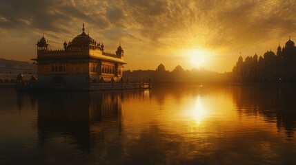 golden temple amritsar bathed in the light of the setting sun reflections shimmering on the sarovar creating a serene and spiritual atmosphere