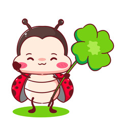 Naklejka premium Cute battle lady bug holding clover leaf cartoon character. Kawaii animal hand drawn style concept design. Vector art mascot logo icon illustration