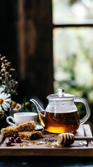 Glass teapot with herbal tea, honey and honeycomb on a wooden tray, cottagecore rustic atmosphere, natural ingredients for a healthy drink, vintage aesthetic, AI generated