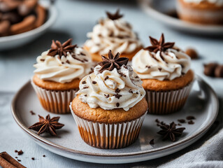 Cupcakes with star anise, chocolate shavings, and creamy frosting, creating an elegant presentation.