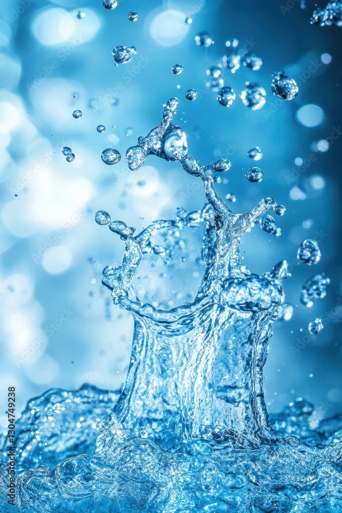 Poster captivating water splash with dynamic droplets against a soft blue backdrop creating a refreshing an