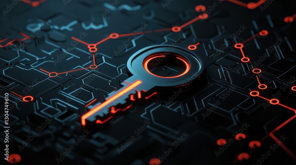 Poster creative representation of a key symbolizing security and technology on a dark circuit board backgro