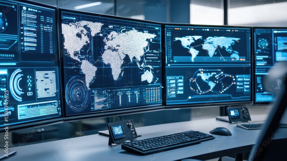 Poster high-tech data analysis center with multiple monitors displaying global maps, analytics, and network