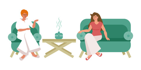 Sad woman in the office of a psychotherapist, psychiatrist, psychologist discusses personal problems, internal disharmony, conflicts in family life, mental health with a specialist - vector color flat