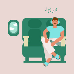 Young man sitting in airplane, smiling and listening to music on headphones. Relaxation, meditation, flying on vacation. Color flat vector illustration