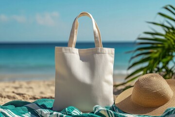 Canvas tote bag on a tropical beach with turquoise water and a straw hat for summer vacation