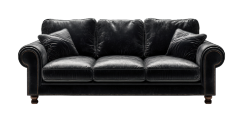Elegant black leather sofa living room furniture isolated on transparent background png