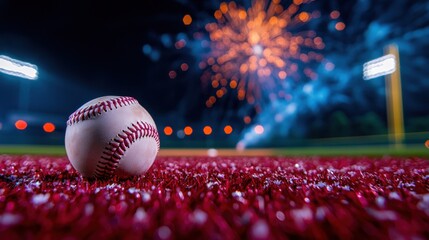 Baseball on Field with Night Background and Fireworks Display, Capturing a Moment of Excitement and Celebration in a Sports Atmosphere