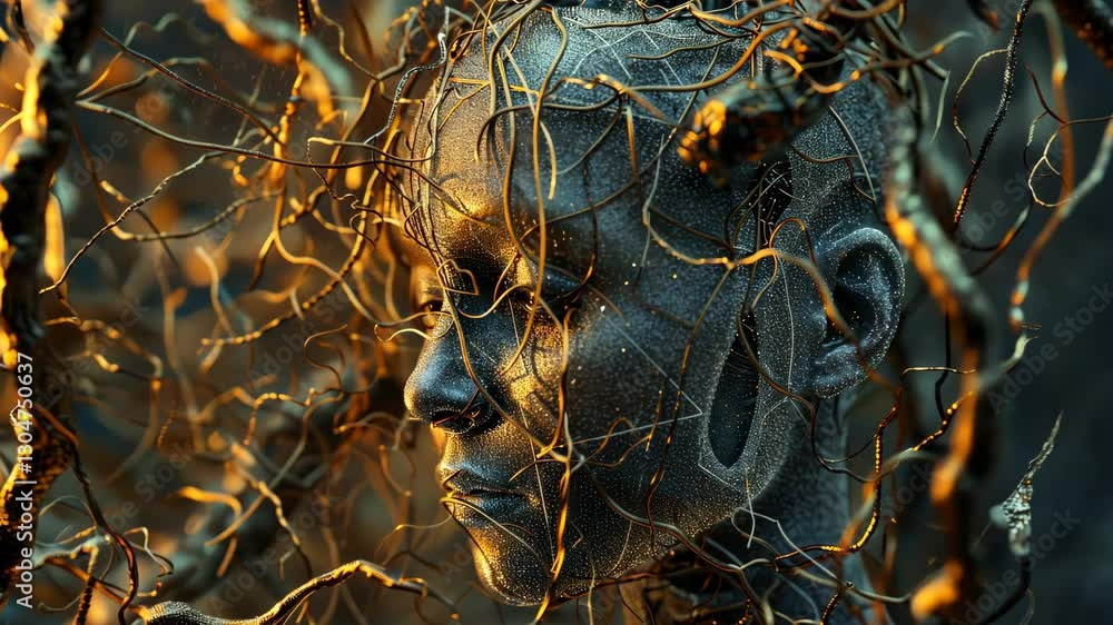 Poster a tangled web of thoughts and emotions depicted as threads weaving through a labyrinth of memories a