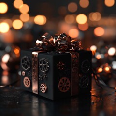 Steampunk Gift Box with Gears on Dark Background