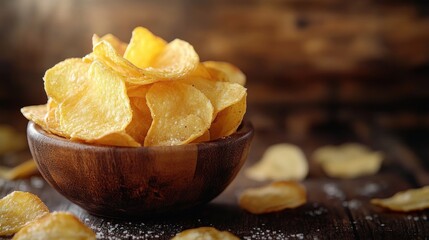 Wooden bowl of crispy potato chips on rustic wood table