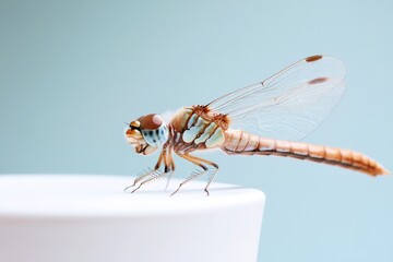 Naklejka premium Delicate dragonfly perched on white surface, showcasing intricat