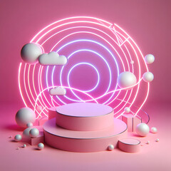3d Geometric shape neon light with podium product display and circle ring on pink background. Abstract minimal geometric stage, platform bubble spheres for display product cosmetic
