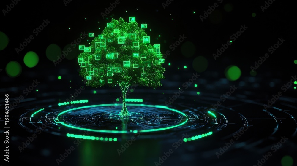 Poster digital tree growing from binary data representations with green lights on dark background for techn