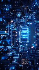 Fototapeta premium Futuristic blue circuit board with glowing elements and intricate details.