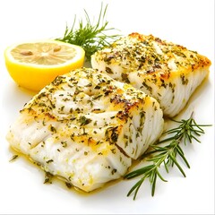 Close-Up of Baked Cod with Lemon and Fresh Herbs, Isolated on White Background