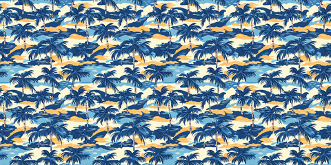 Vibrant seamless tropical pattern featuring palm trees and clouds against a soft blue background. island pattern