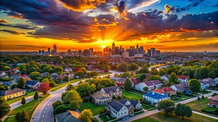 Silhouette Kansas City Suburbs Skyline Aerial View at Sunset