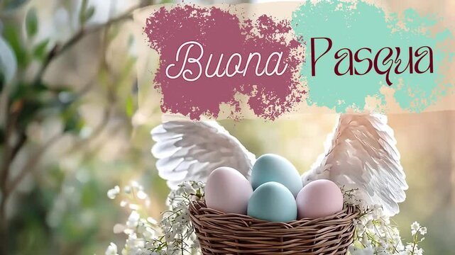 buona pasqua, italian wishes text on natural easter greeting card motion with easter eggs in basket protected by angel feather wings