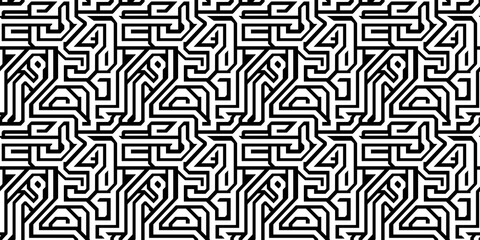 Intricate black and white seamless pattern showcasing geometric lines and shapes for modern design applications. maze patterns