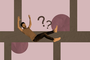 3d sketch poster trend collage image of shocked guy lay inside maze trap riddle question mark...