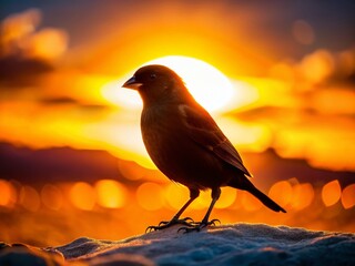 Silhouette of a Large Ground Finch at Sunset, Galapagos Islands
