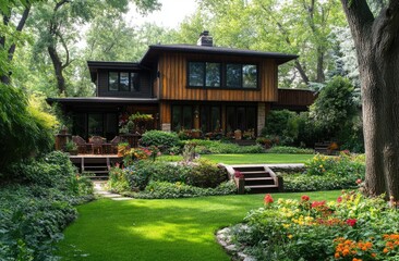 Naklejka premium A beautiful home with a lush green lawn and vibrant flowers, showcasing the beauty of landscaping in an American suburban setting.