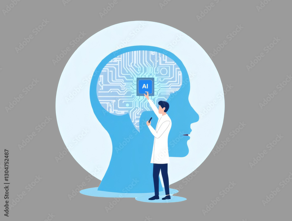 Poster artificial intelligence ai circuit board in shape electronic pcb circuit icon symbol on businessman 