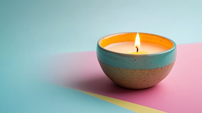 Candle and ceramic bowl isolated on a colorful background