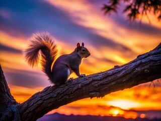 Silhouette of a Squirrel in a Tree at Sunset - Wildlife Nature Stock Photo