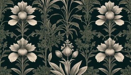 Beautiful detailed botanical repeating pattern with dark background features