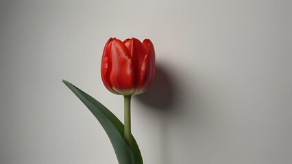 Bright red tulip with green leaves leaning against a smooth gray wall in a softly lit room