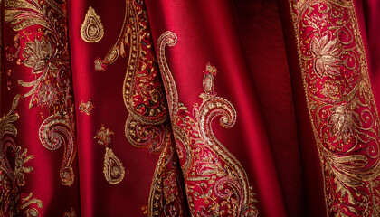 Vibrant fabric featuring exquisite golden embroidery, adorned with intricate flowing floral motifs on a vivid red material. A luxurious design emphasizing elegance, detail, and sophistication