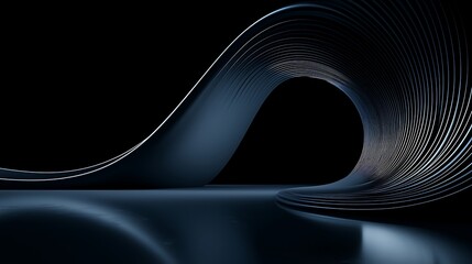 Abstract sculpture curves, reflecting light, against black backdrop in minimalist studio setting