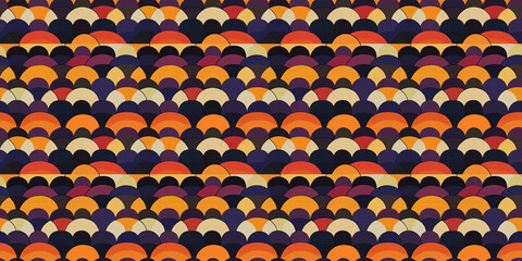 Seamless pattern of colorful scalloped shapes with warm tones for background and textile design. Pattern Arc
