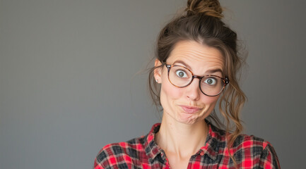 Young woman with a messy bun looking astonished