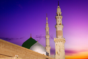 Masjid nabi of Medina. Green dome. Sunset at the Prophet's Mosque