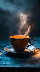 A steaming cup of coffee sits elegantly on a saucer, radiating warmth and tranquility.