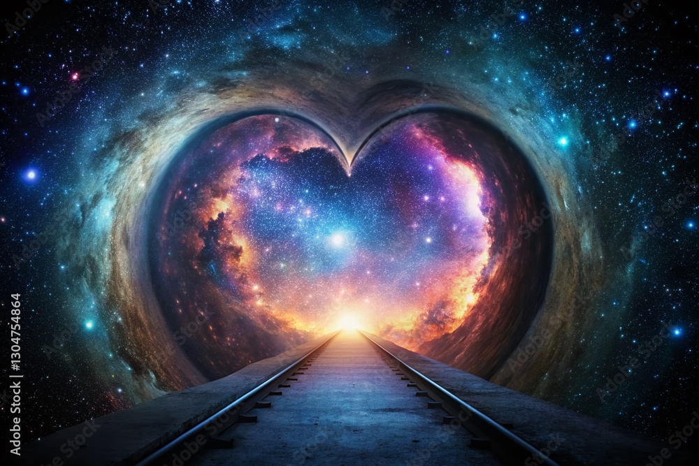 Poster silhouette of heart-shaped particle tunnel in cosmic space - abstract nebula background