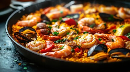 Appetizing seafood paella with shrimp mussels and saffron rice served in a pan culinary delight spanish cuisine traditional dish gourmet food